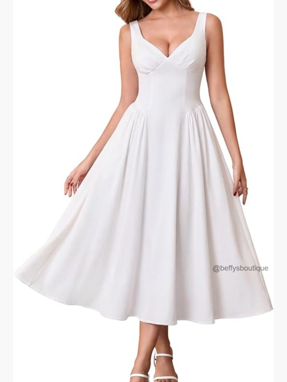 V Neck Floral Corset Midi Dress A-Line Smocked Sleeveless Wedding Guest Long - Picture 1 of 6
